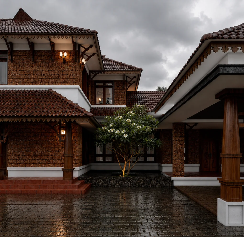 Insaga project courtyard with natural stone, timber screens and planting